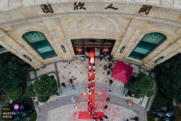 Fotografia documental de casamento em Zhejiang Home de um drone do lado de fora