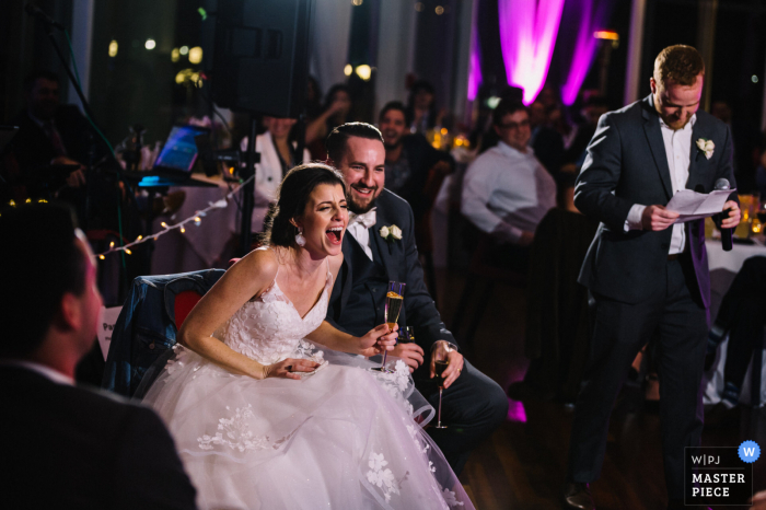 Sequoia, Washington, DC wedding photography showing the brother of the groom making a blooper during his best man speech