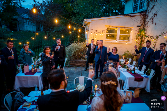 Ballenger Farm, Leesburg, Virginia, fotografia di matrimonio che mostra la coppia che brinda ai loro amici e familiari durante il loro intimo ricevimento di nozze