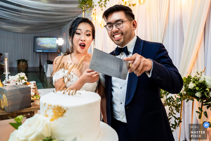 Fotografia di matrimonio cerimonia Virginia durante il taglio della torta con un bel coltello