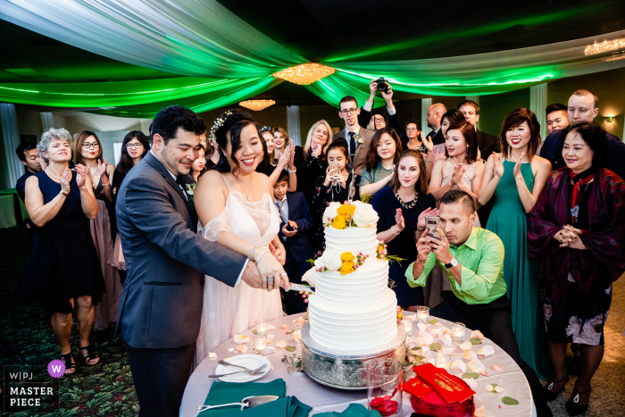 Foto de casamento da cerimônia de corte de bolo na Virgínia com convidados