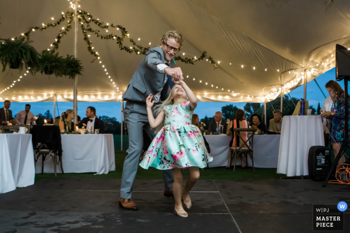 Grand Rapids, Minnesota sull'immagine del matrimonio sul lago di ospiti che ballano al ricevimento in una tenda