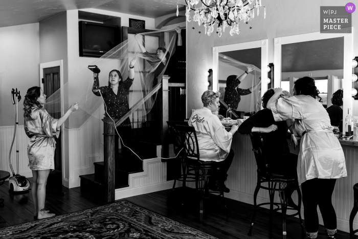 A wedding photographer in Colorado created this image in BW of the Bridal prep rooms