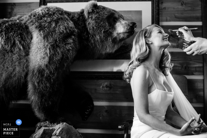 Foto premiada do tempo de preparação para o casamento em Belgrado, Montana, capturando a maquiagem extraordinária e o urso