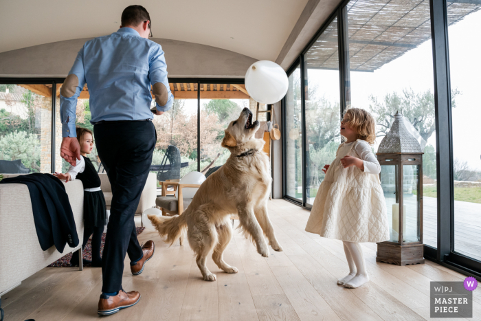 Vinsobres, Frankreich, preisgekröntes Bild der Ehevorbereitungszeit, das ein Mädchen und einen Hund zeigt, die mit einem Ballon spielen, während sich alle fertig machen. Die weltbesten Hochzeitsbildwettbewerbe werden von der WPJA veranstaltet