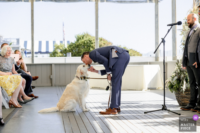 Popponesset Inn, Mashpee imagen premiada del evento de matrimonio en interiores que muestra al novio besando a su perro antes de la ceremonia. Los mejores concursos de fotografías de bodas del mundo se presentan a través de la WPJA