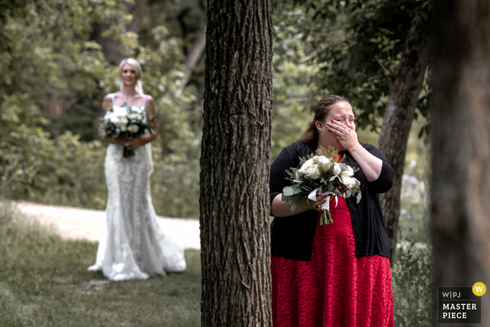 Ontario, Canadá Imagen premiada de la ceremonia de matrimonio que muestra a la dama de honor no pudo contener las lágrimas mientras caminaba con orgullo por el pasillo de los mejores concursos de fotografía de bodas del mundo presentados por la WPJA.