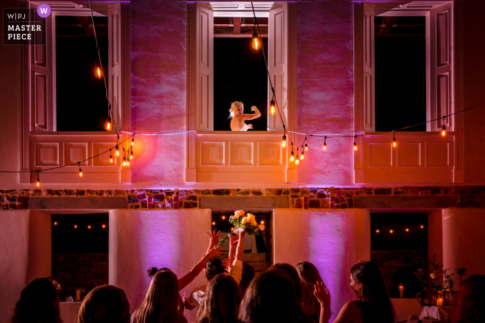 Patapsco Female Institute, Elliott City, MD marriage reception party award-winning photo that has recorded A bride watches as the bouquet is caught - from the world's best wedding photography competitions offered by the WPJA