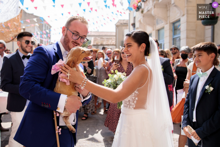 Ein Hochzeits-Fotojournalist in Frankreich hat diesen Moment festgehalten, als der Hund des Brautpaares am Ausgang der Kirche auf sie wartete