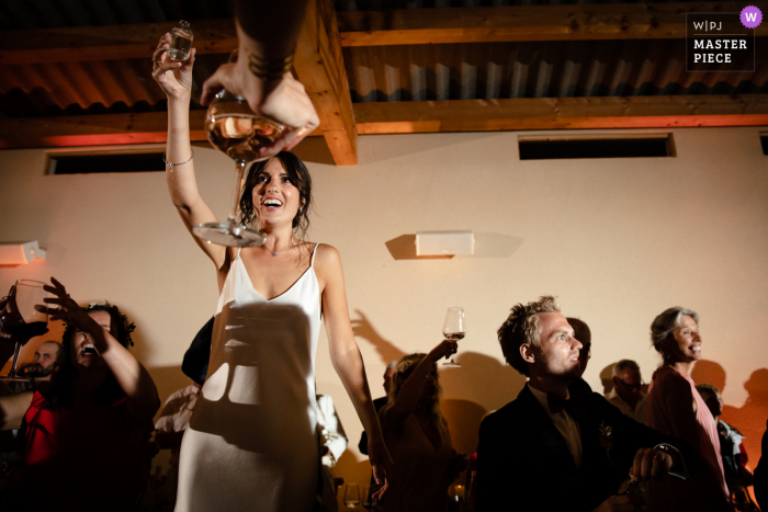 A France wedding photojournalist at Domaine des Grillions in Drome Prinvincal, Gers captured this moment as the bride and guests raise their glasses