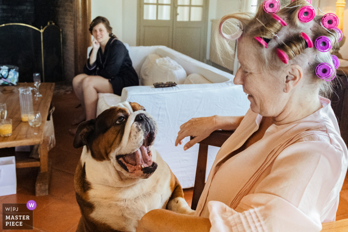 A top documentary wedding photographer from France created this image at the Castelnau of a dog and a woman in curlers