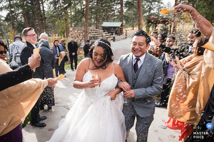 Um dos principais fotojornalistas de casamento do Colorado no Della Terra Mountain Chateau em Estes Park criou esta imagem da noiva e do noivo andando em um lance de lavanda