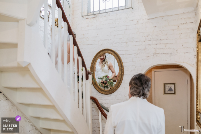 A Sao Paulo documentary wedding photographer captured this moment showing the father of the bride watching her entrance