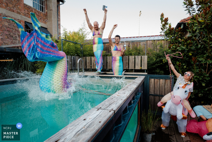 Zany Crazy Friends Make a Splash at La Factory Wedding in Thizy les Bourgs as Mermaids The bride and groom's witnesses made a splash at La Factory in Thizy les Bourgs, taking a dive into the pool dressed as mermaids to surprise everyone.