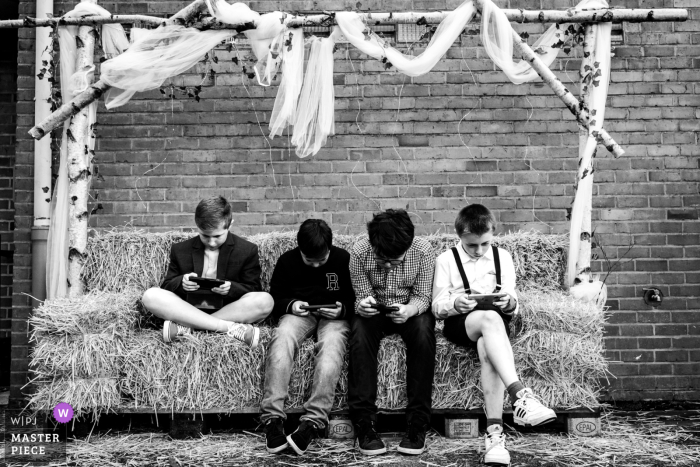 Underneath the elegantly decorated wedding arch, a group of boys are engrossed in playing games on their phones, creating a lighthearted contrast to the romantic setting surrounding them.
