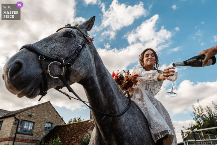 At Home Farm Bed and Breakfast, Beachampton, the bride elegantly sits atop a horse as she joyfully accepts a glass of Champagne, adding a unique flair to her celebration.