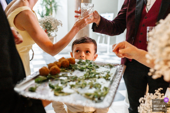 At the Lartington Hall Lodge, Barnard Castle, a young wedding guest gazes longingly at an elegantly arranged plate of delicious wedding cuisine, eagerly anticipating a tasty delight.