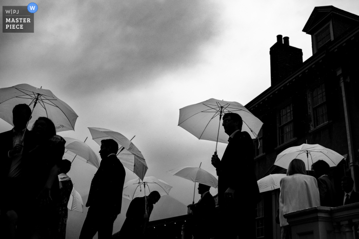 Wedding Guests Embrace Rain with Umbrellas in Black and White at Hildene, Manchester, VT Drenched in love, the wedding guests make their way to the ceremony, embracing the rain with umbrellas and - captured in a dramatic black and white image at Hildene, Manchester, VT.