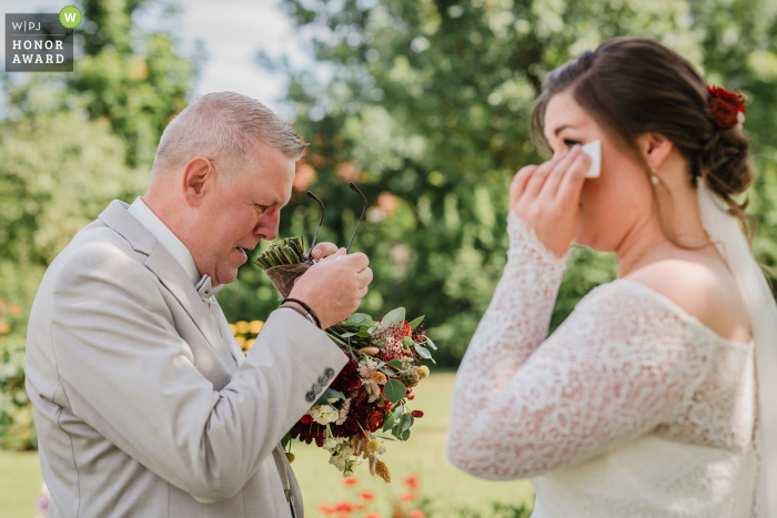 Father of Bride Tears Up Seeing Daughter on Wedding Day in Germany At Rittergut Stoermede in Geseke, Germany, the father of the bride is moved to tears as he sees her for the first time on the wedding day.