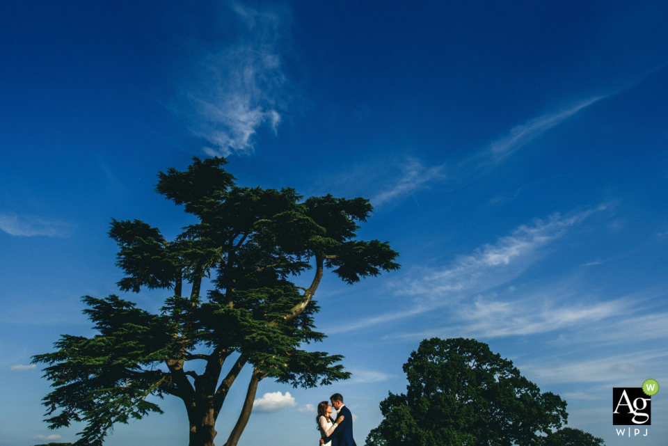 Photo par: Ashley Davenport - Londres Londres Braxted Park portrait de la mariée et le marié le jour du mariage | Couple bien positionné avec les arbres sur cette photo bleue et verte