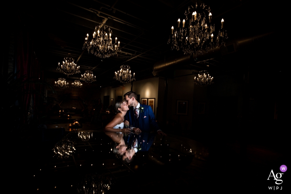 Watson Block Venue Photography on Wedding Day | Couple by the piano 