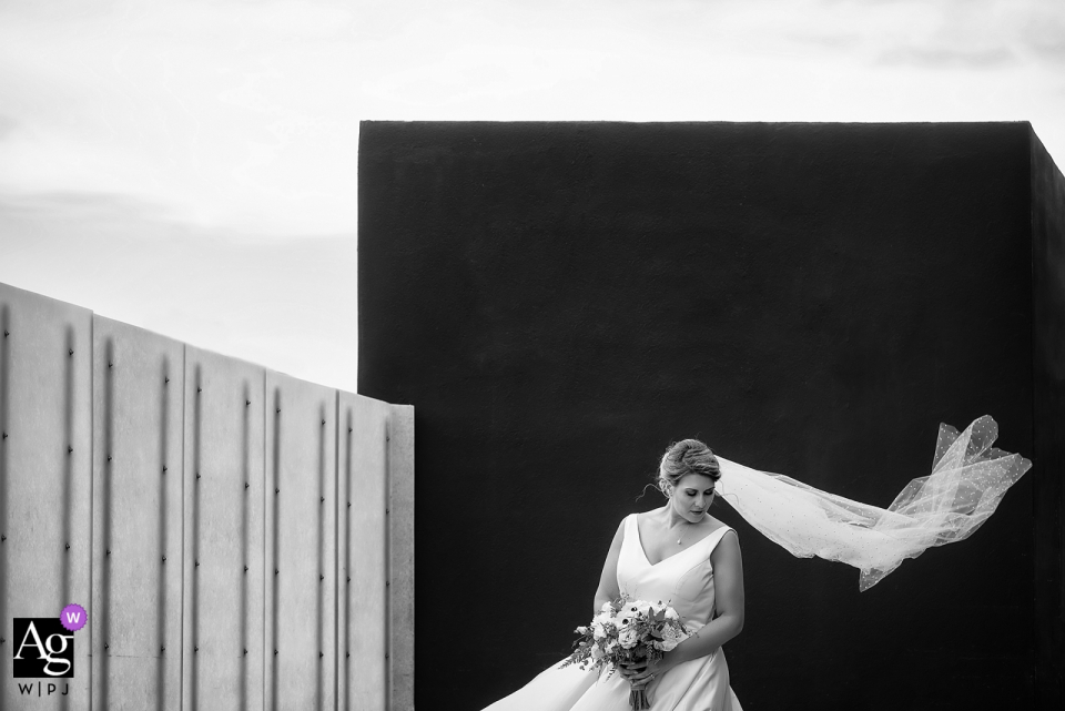 Nevada Museum of Art, Reno NV Novia en el viento durante la sesión de retratos