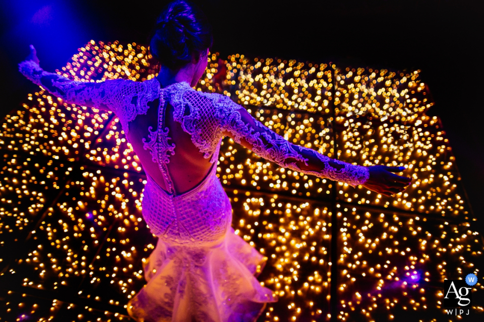 Casa Valduga - Bento Gonçalves - Rio Grande do Sul bride photo of her dancing on floor with lights Casa Valduga - Bento Gonçalves - Rio Grande do Sul bride photo of her dancing on floor with lights.