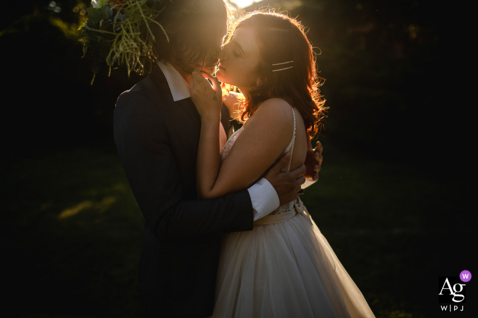 Villa Bono, Lac Majeur, Italie Golden Hour jour de mariage portrait de la mariée et le marié