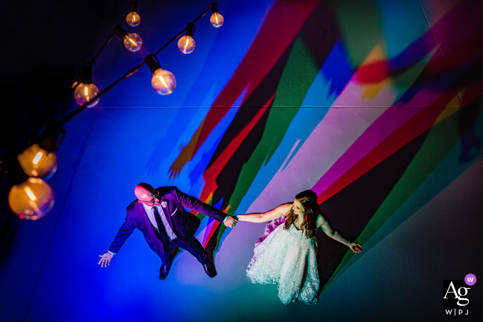Wedding portrait at artifact events, chicago of the couple and colorful shadows Wedding portrait at artifact events, chicago of the couple and colorful shadows