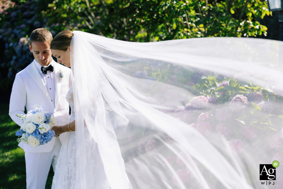 Wind-Swept Veil Dances at Wequassett Resort, Cape Cod Wind-swept veil dances at Wequassett Resort, Cape Cod, capturing a fleeting, romantic wedding moment in time