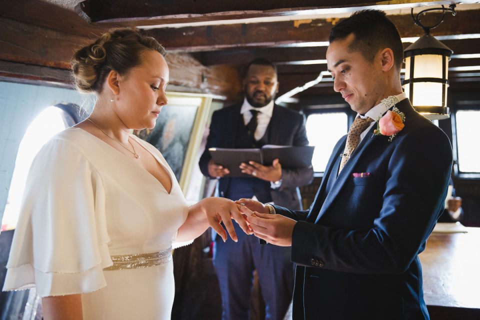 The Golden Hindle, Pickfords Wharf, London, UK - Wedding Venue Wedding rings ceremony photo - The Golden Hindle, Pickfords Wharf, London, UK