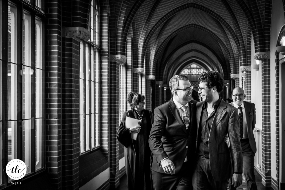 A truthful report of raw emotions in a Bovendonk wedding day image captured by a Hoeven, Netherlands documentary wedding photographer showing the Groom and his brother in BW just before the ceremony starts A truthful report of raw emotions in a Bovendonk wedding day image captured by a Hoeven, Netherlands documentary wedding photographer showing the Groom and his brother in BW just before the ceremony starts