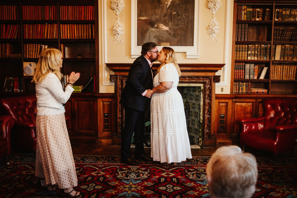 An intimate ceremony moment from a wedding at the Stafford County Buildings Bride and groom kiss during a Stafford County Buildings wedding in Staffordshire, United Kingdom