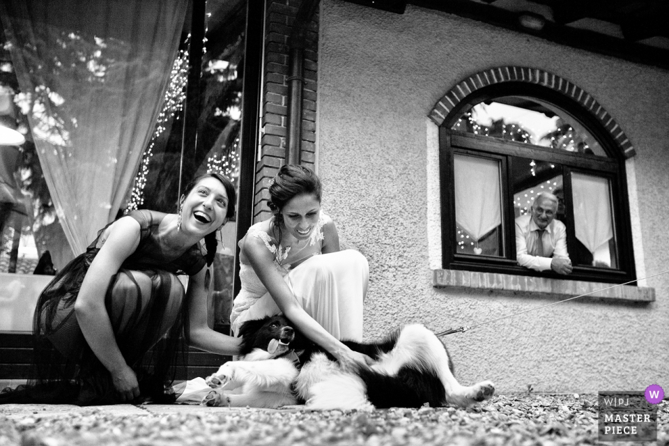 Cascina La Rosa, Fino Mornasco bride and bridesmaid play with dog