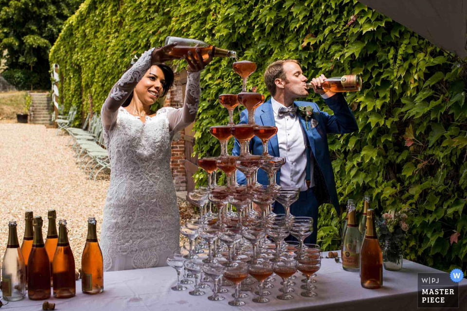 France Champagne Tower, First Drink Wedding Venue Photography: Chateau de Miserai, Normandy, France Champagne Tower, First Drinks!