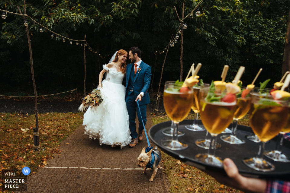 A imagem da reportagem de casamento de Dreys, Kent contém: o casal e seu cachorro chegando à recepção das bebidas