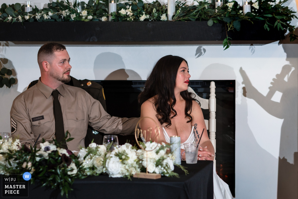 Bride and Groom Tearfully React to Daughter’s Emotional Speech at Five Bridge Inn, MA Bride and groom at Five Bridge Inn, Rehoboth, MA, USA, tearfully react as their daughter delivers an emotional speech.