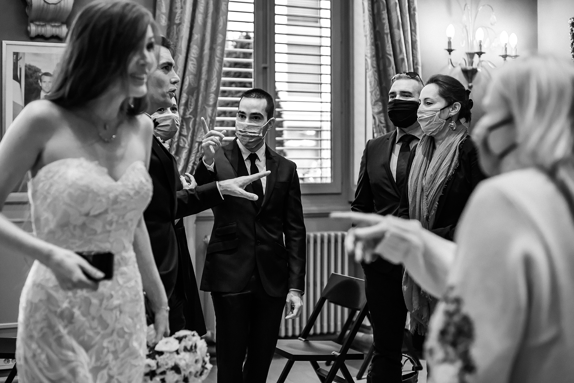 Lyon Centre Town Hall Wedding Ceremony Picture | The guests arrive, all masked for COVID safety