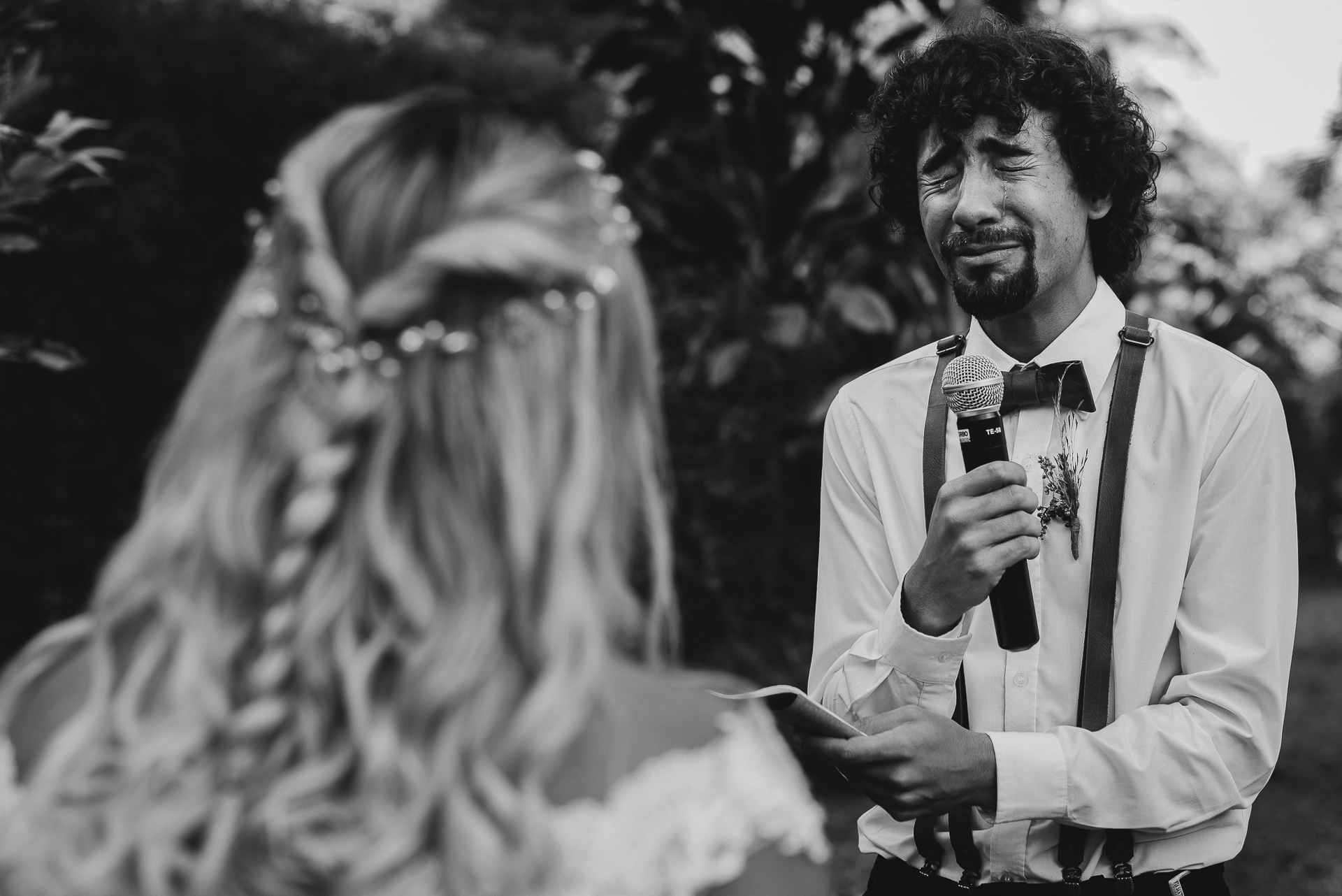 Brazil Black and White Wedding Ceremony Pic | The groom reads his vows to his bride BW Wedding Couple Photographer in Rio | the love literally pours out of the grooms body